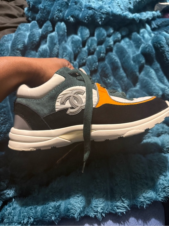 CHANEL Shoes - CHANEL White, Green & Orange Colorblock Lace-Up Sneakers